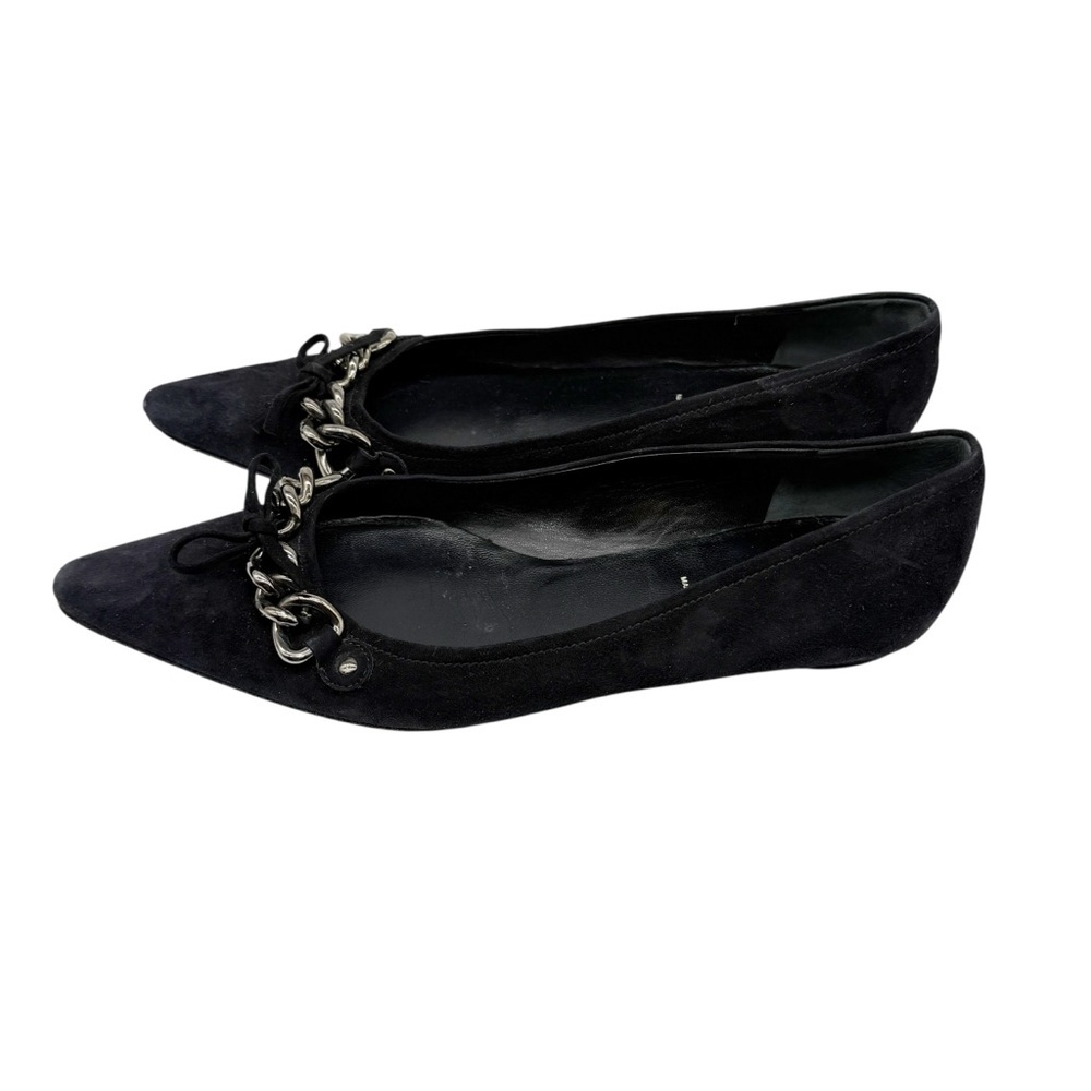 Prada Pointy Toe Suede Leather Chain Detail Flats Size 37.5 Black